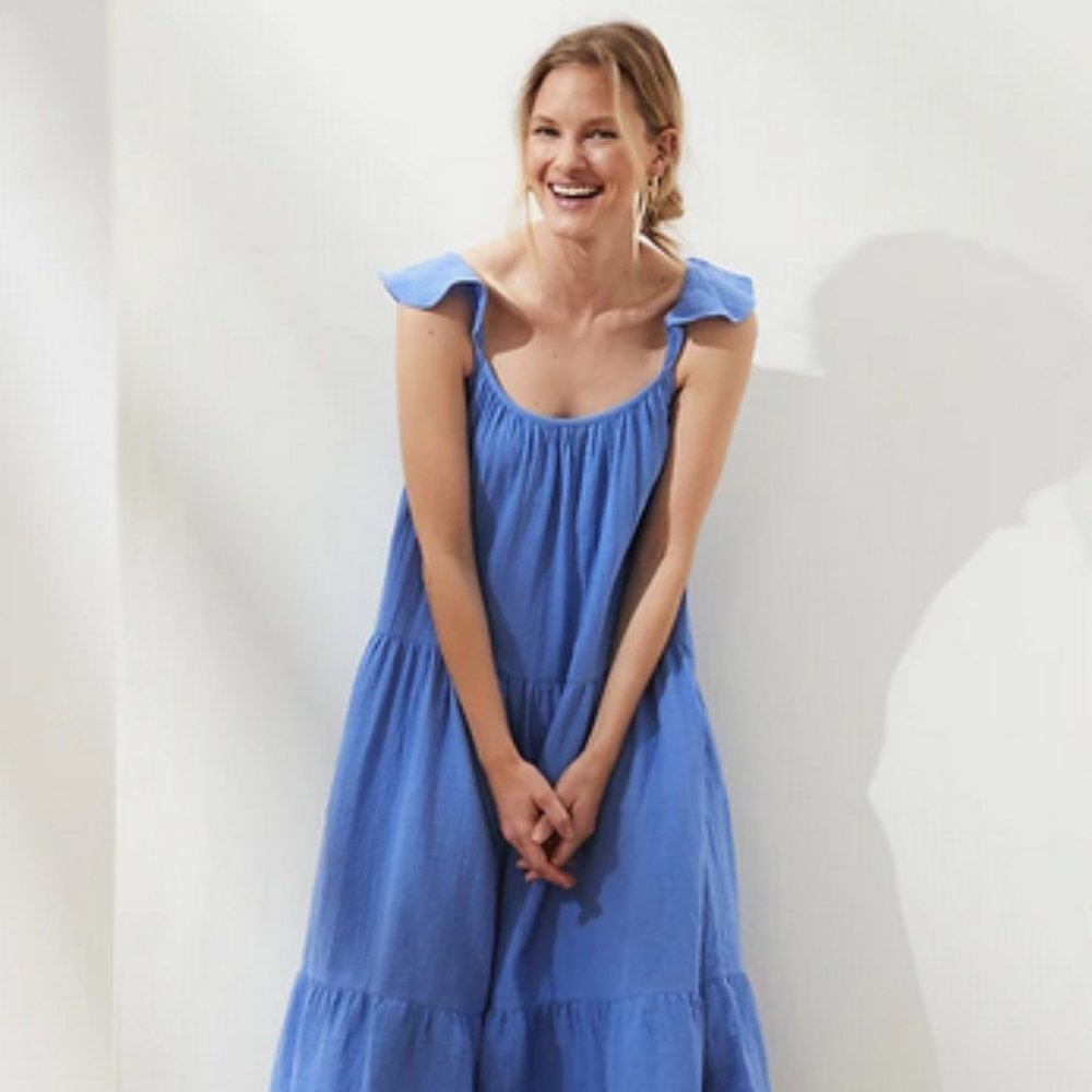 Frill-Sleeve Gauze Tiered Midi Dress - Size L - NWT